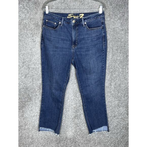 Seven 7 High‎ Rise Raw Step Hem Fashion Jeans Womens Size 10 Mahone Blue Pockets - Picture 1 of 11